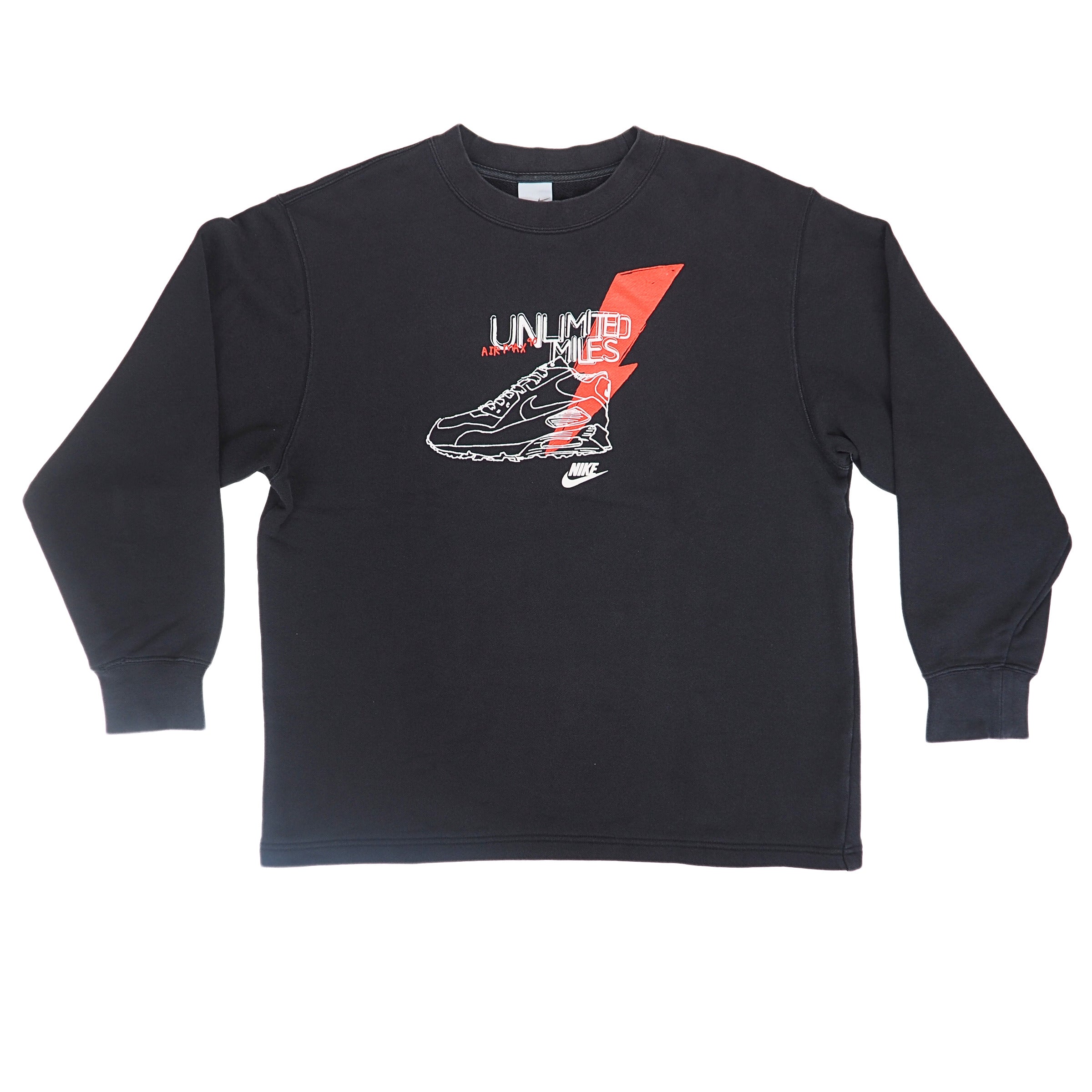 Front view of a black sweatshirt reading 'Nike Unlimited Miles' with a sneaker graphic outline