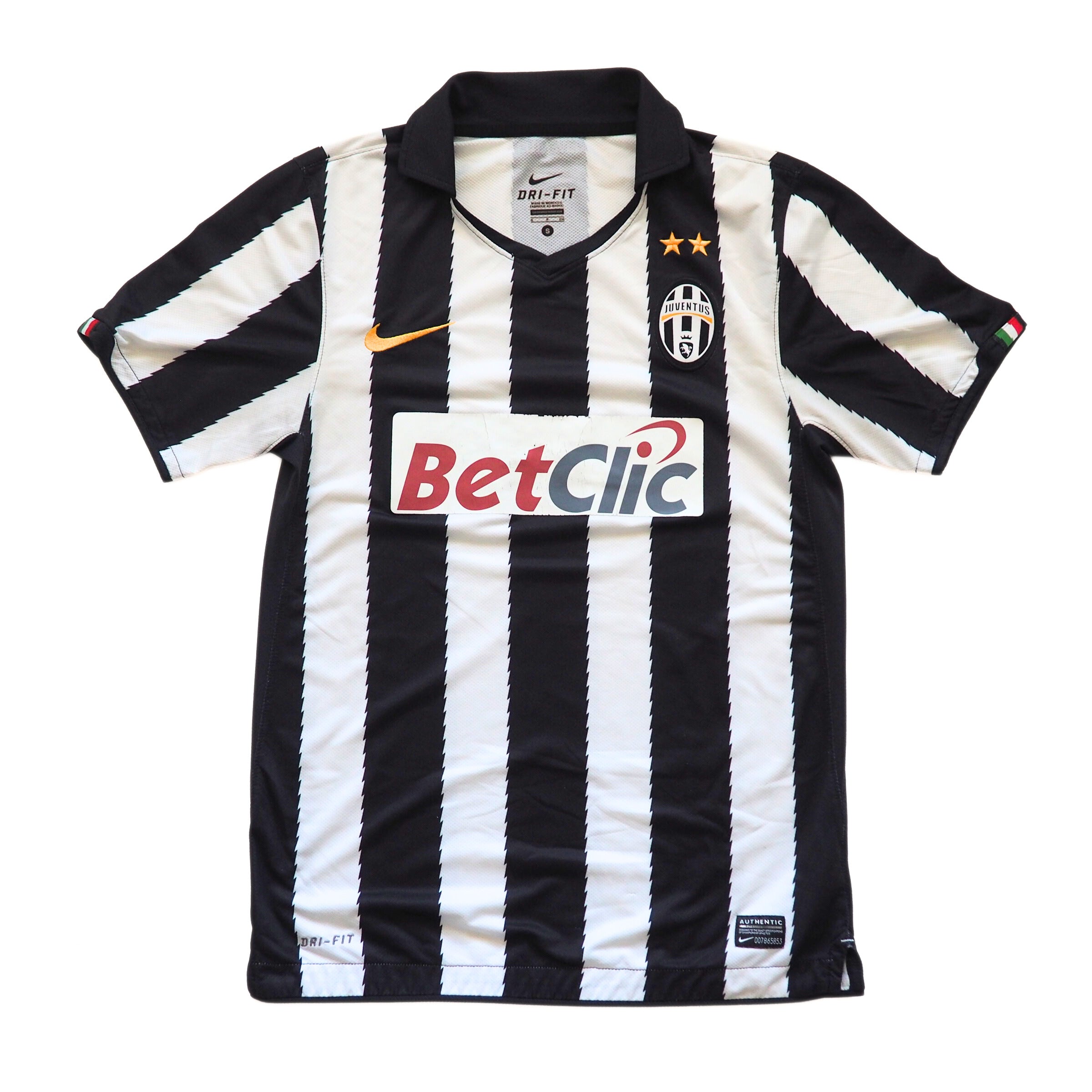 Black and white striped Nike Juventus soccer jersey with BetClic logo on a white background