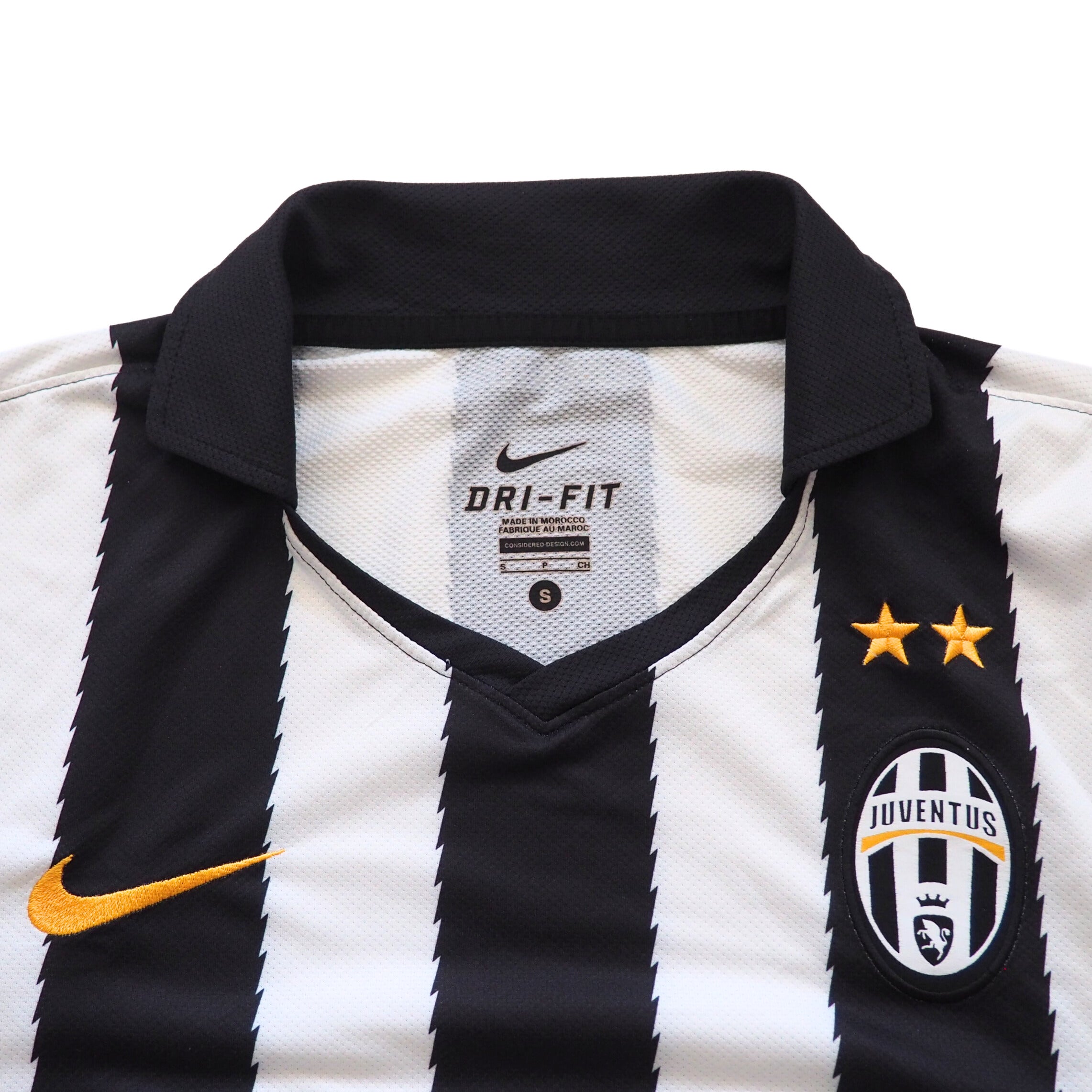 Black and white striped Juventus soccer jersey with Nike and Juventus logos on a white background