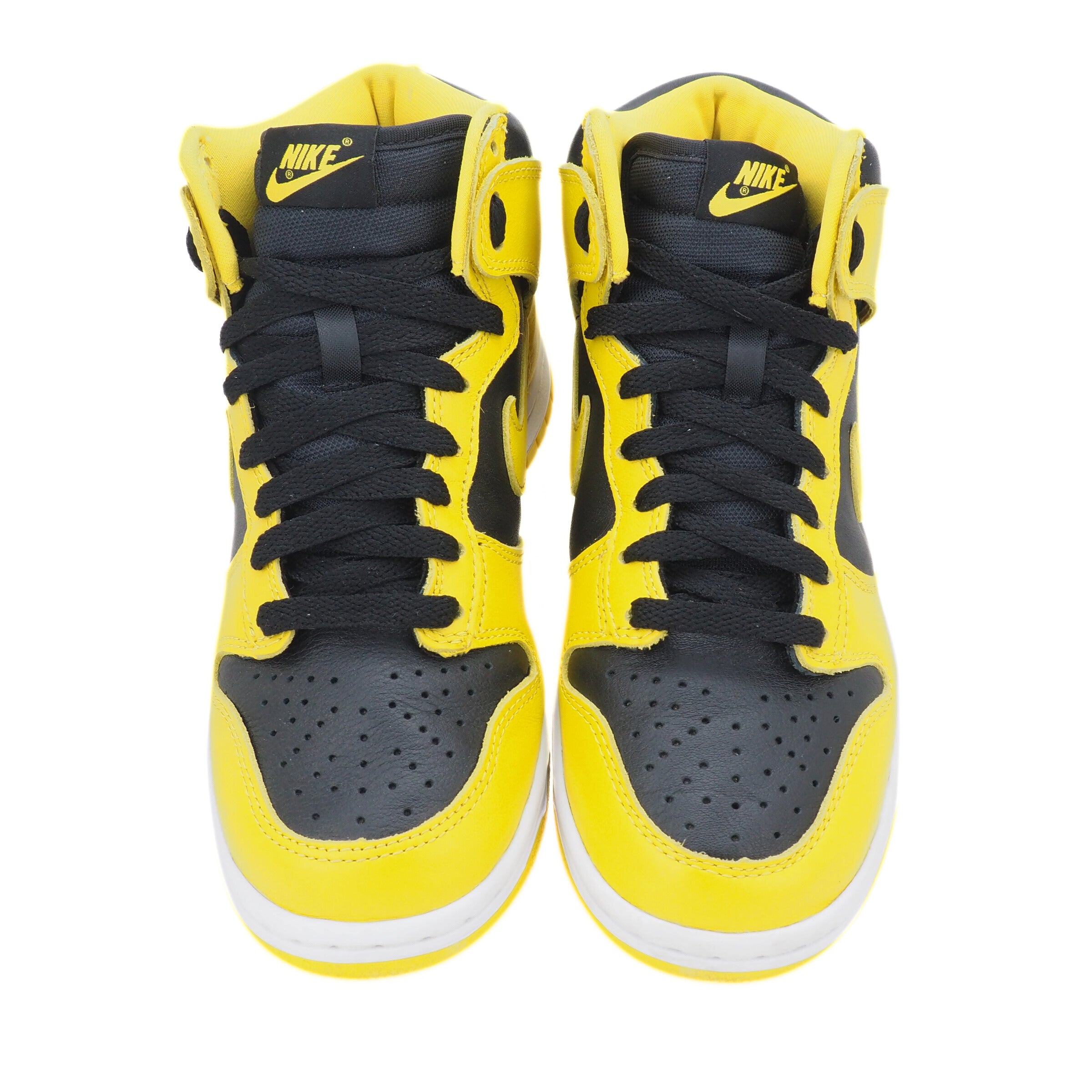 Yellow and black high-top sneakers with Nike logo on a white background