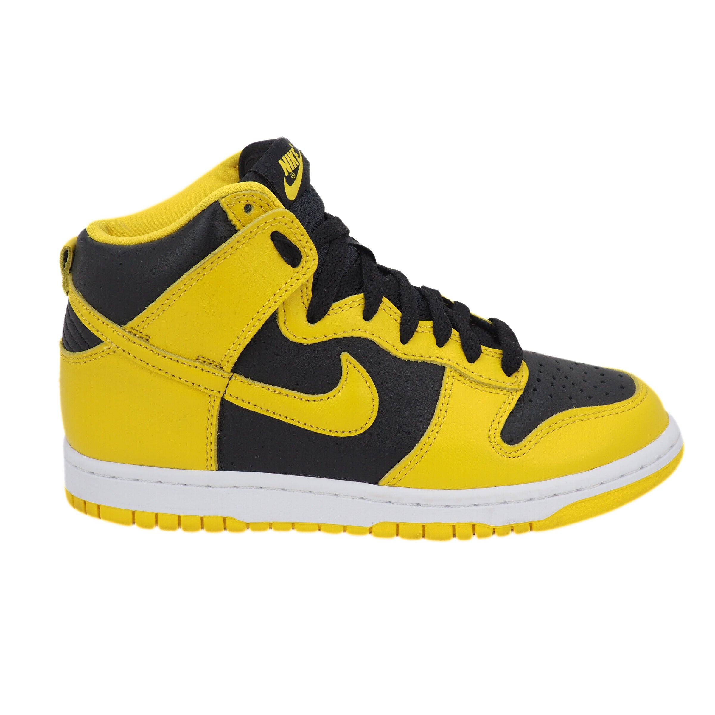 Side view of a Nike Dunk Iowa high top basketball sneaker in ellow and black with a white midsole against a white background