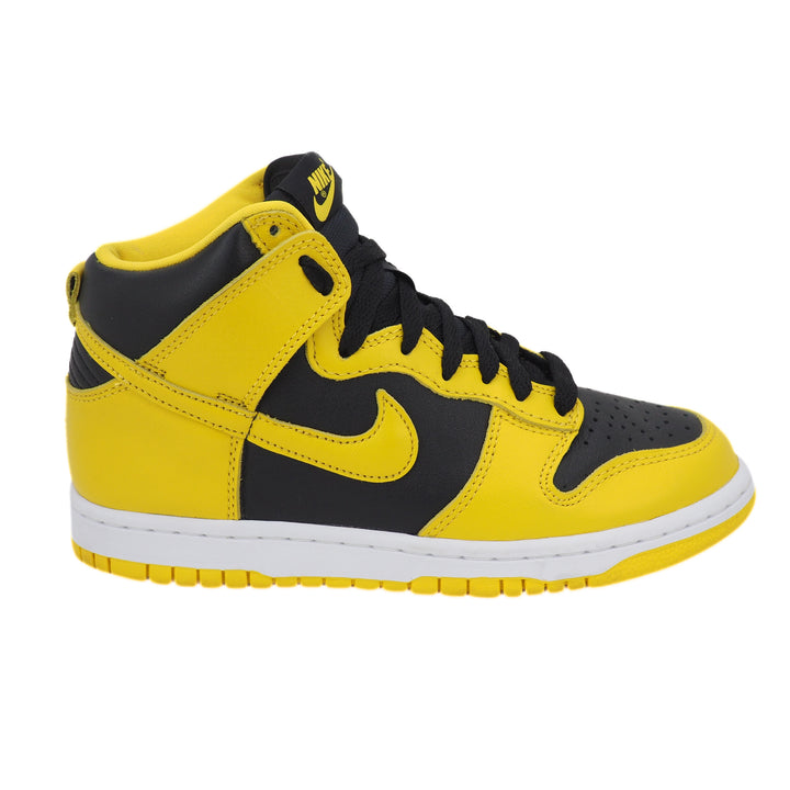 Side view of a Nike Dunk Iowa high top basketball sneaker in ellow and black with a white midsole against a white background