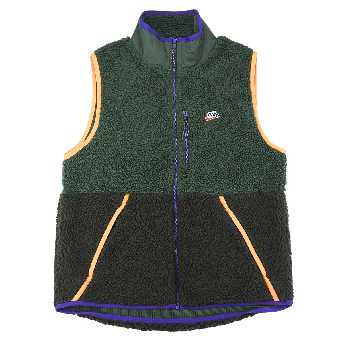 A fleece vest with a color-blocked design, featuring dark green on the upper half and black on the lower half, with purple and orange trim details and a small Nike logo on the chest.