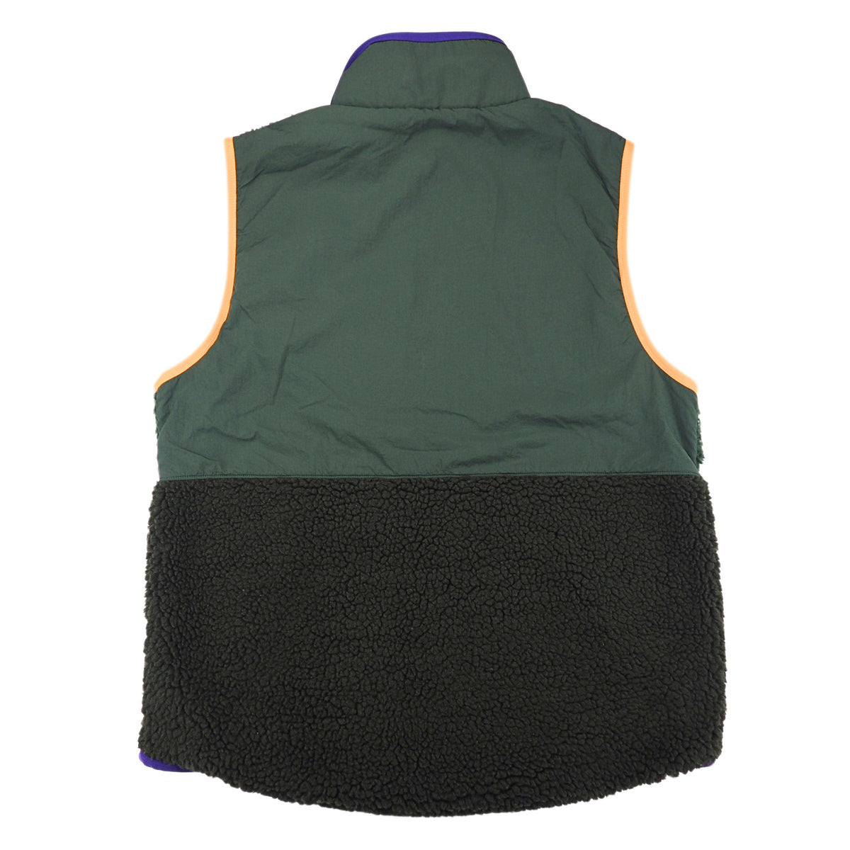 A sleeveless vest shown from the back, featuring an olive green upper section with orange piping, a darker green fleece-lined lower half, and a purple collar trim.
