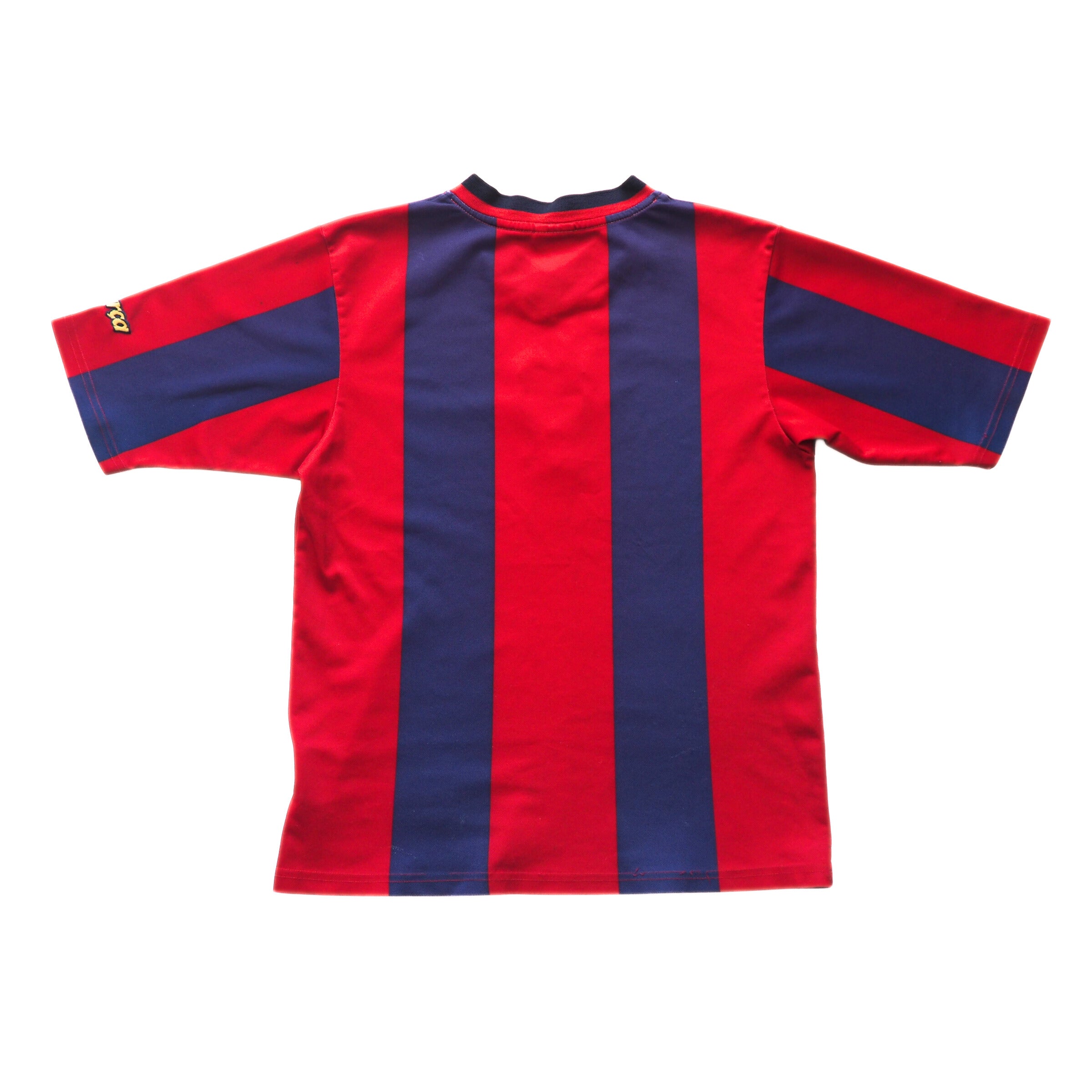 Back view of a red and blue striped FC Barcelona soccer jersey on a white background