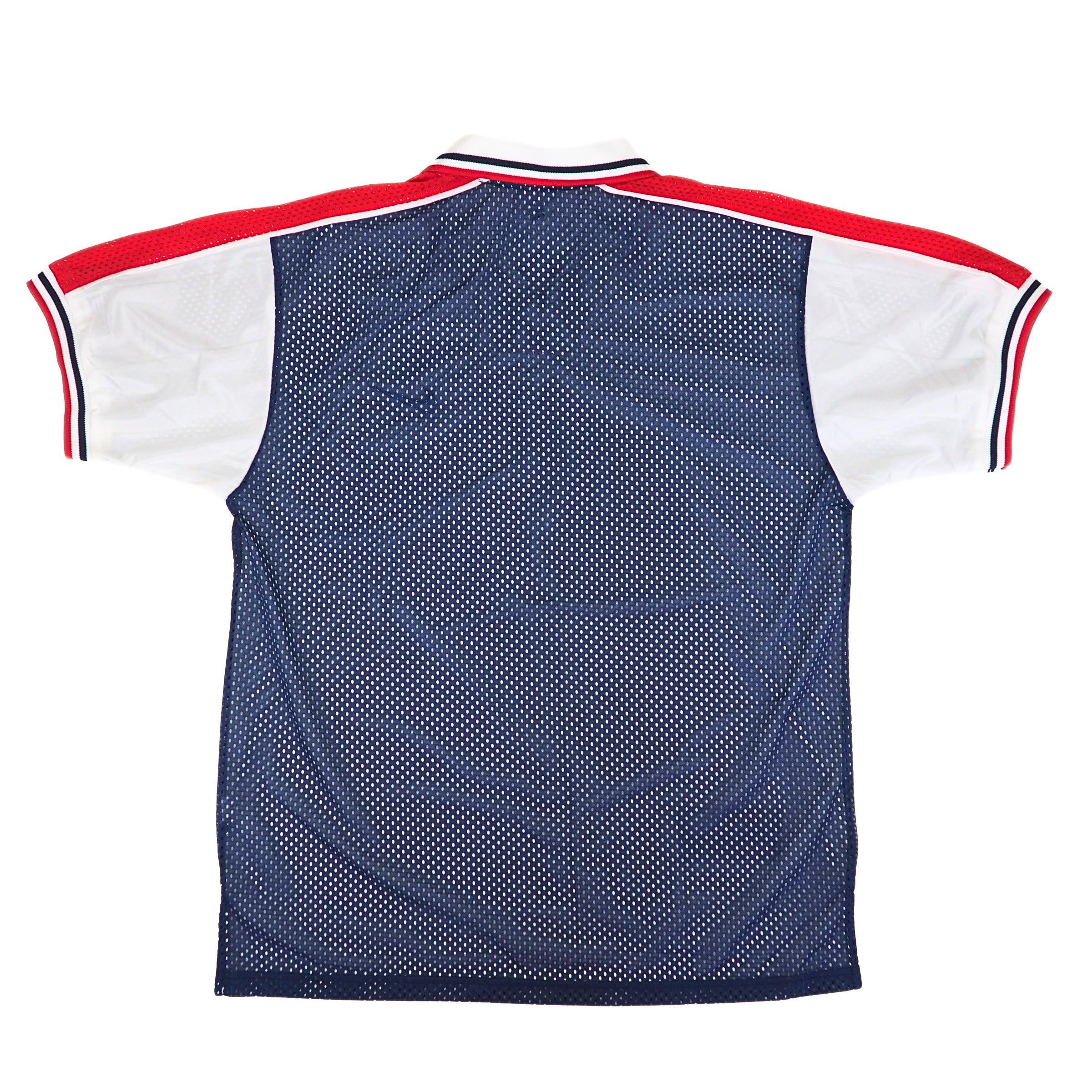 Back view of a vintage 90s nike team sports team usa red white and blue mesh soccer jersey on a white background
