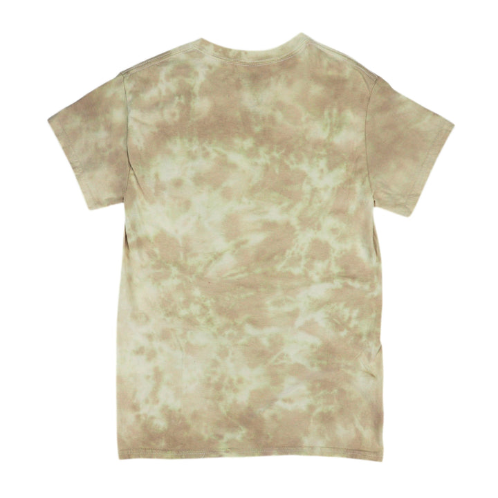 Back view of a bleached tie dye t-shirt on a white background