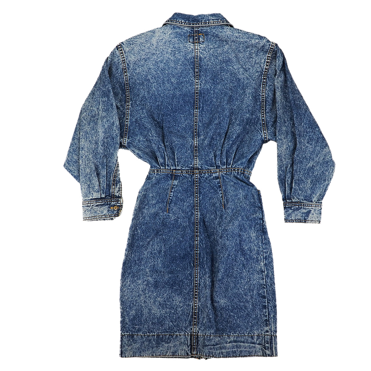 A blue denim robe shown from the back, featuring a collar, three-quarter sleeves, a elasticated waist, and a faded wash texture, photographed against a solid white background.