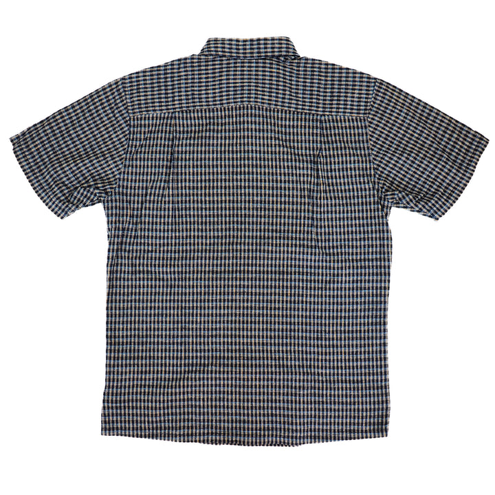 Back view of a checkered shirt on a white background