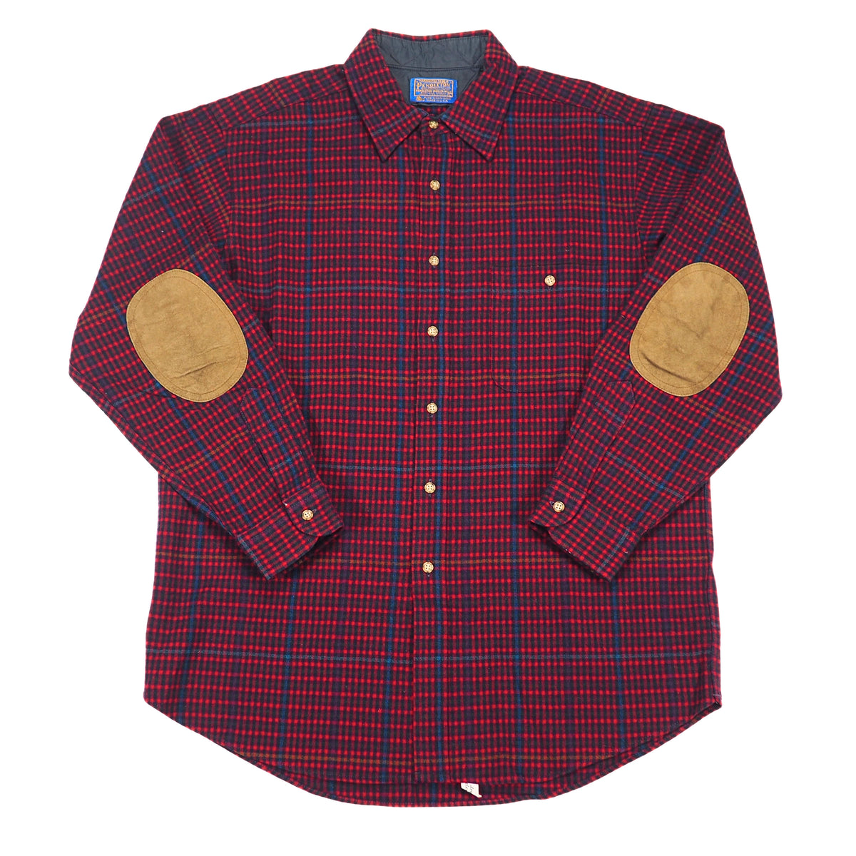 Pendleton Vintage 90s Virgin Wool Shirt Red Navy Check Elbow Patches Made in USA L