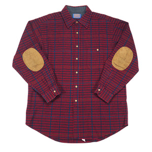 Pendleton Vintage 90s Virgin Wool Shirt Red Navy Check Elbow Patches Made in USA L