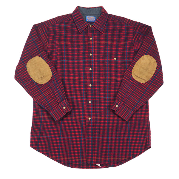 Pendleton Vintage 90s Virgin Wool Shirt Red Navy Check Elbow Patches Made in USA L