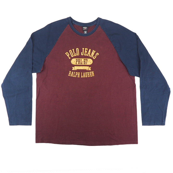 A long-sleeve raglan t-shirt featuring a maroon body and navy blue sleeves, with a vintage-style yellow graphic on the chest reading 'POLO JEANS', 'PRL-67' and 'RALPH LAUREN'.