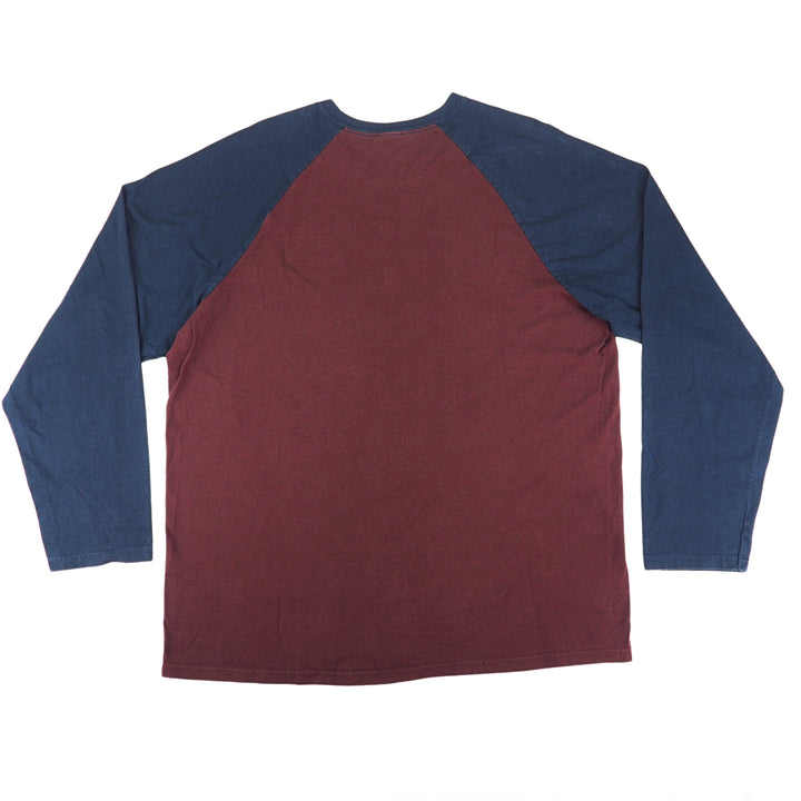 A long-sleeve raglan baseball t-shirt laid flat on a white background, featuring a dark maroon body and navy blue sleeves.