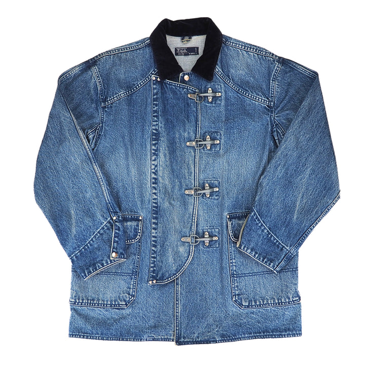 A blue denim jacket with a black collar and decorative toggle closures, laid flat against a white background.