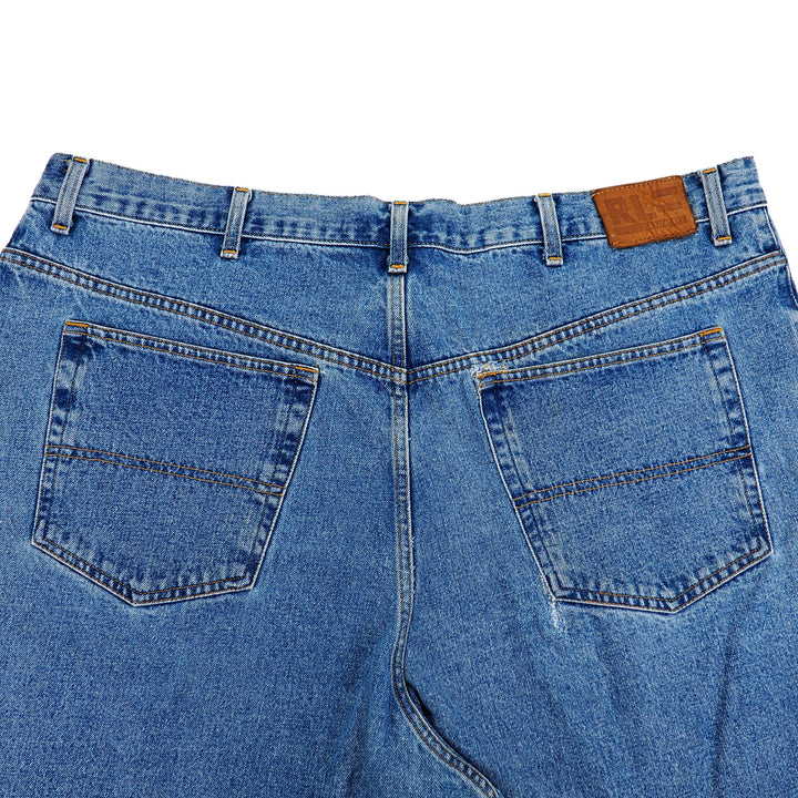 Close-up of Raph Lauren blue jeans rear seat area with a focus on the back pocket and brand label.