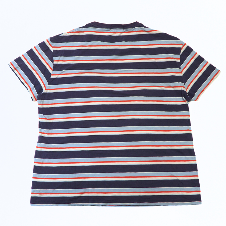 Striped polo shirt with blue, red, and light blue stripes on a white background