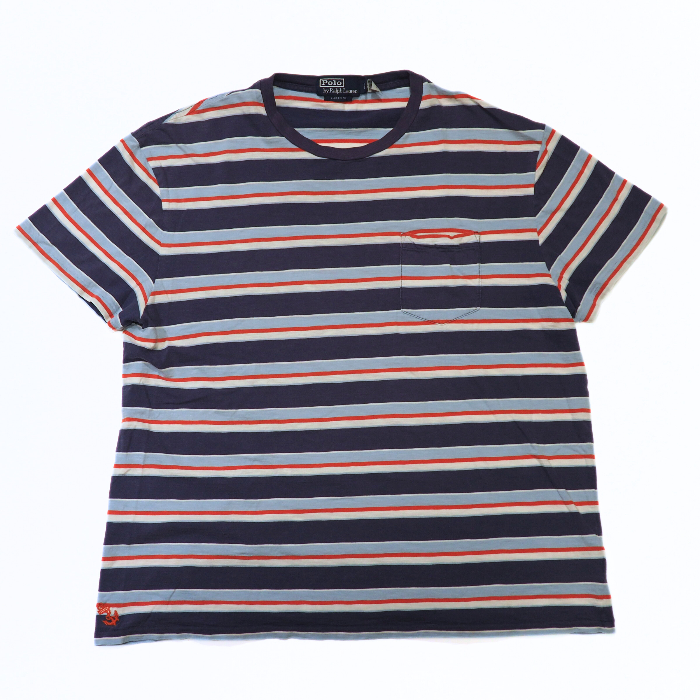 Striped t-shirt with red, blue, and gray horizontal stripes on a white background