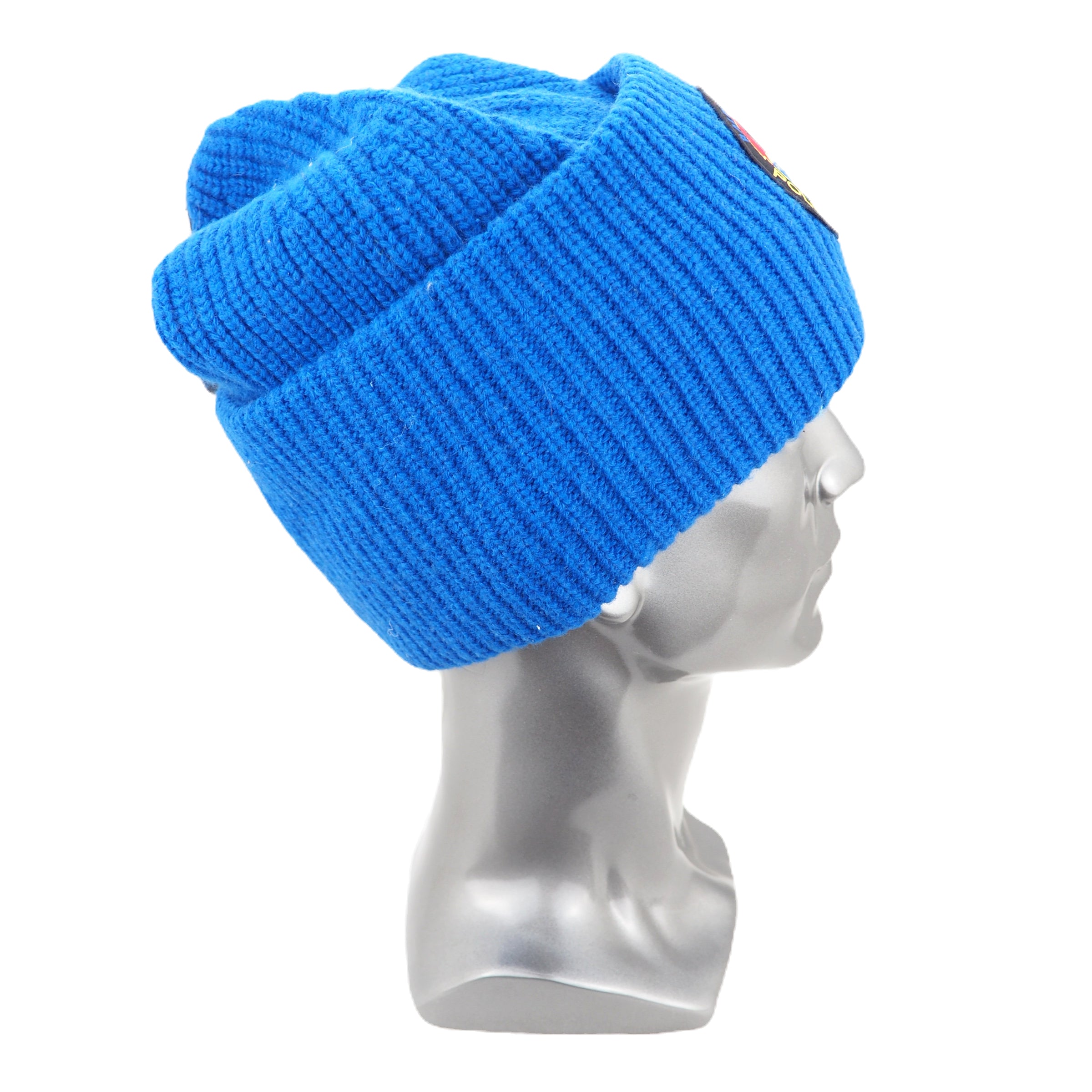 Blue knit beanie on a mannequin head against a white background