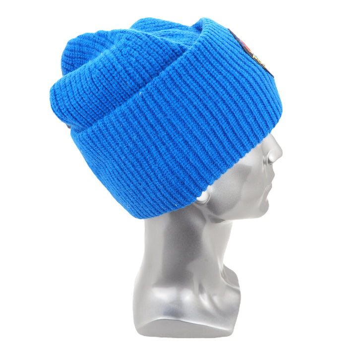 Blue knit beanie on a mannequin head against a white background