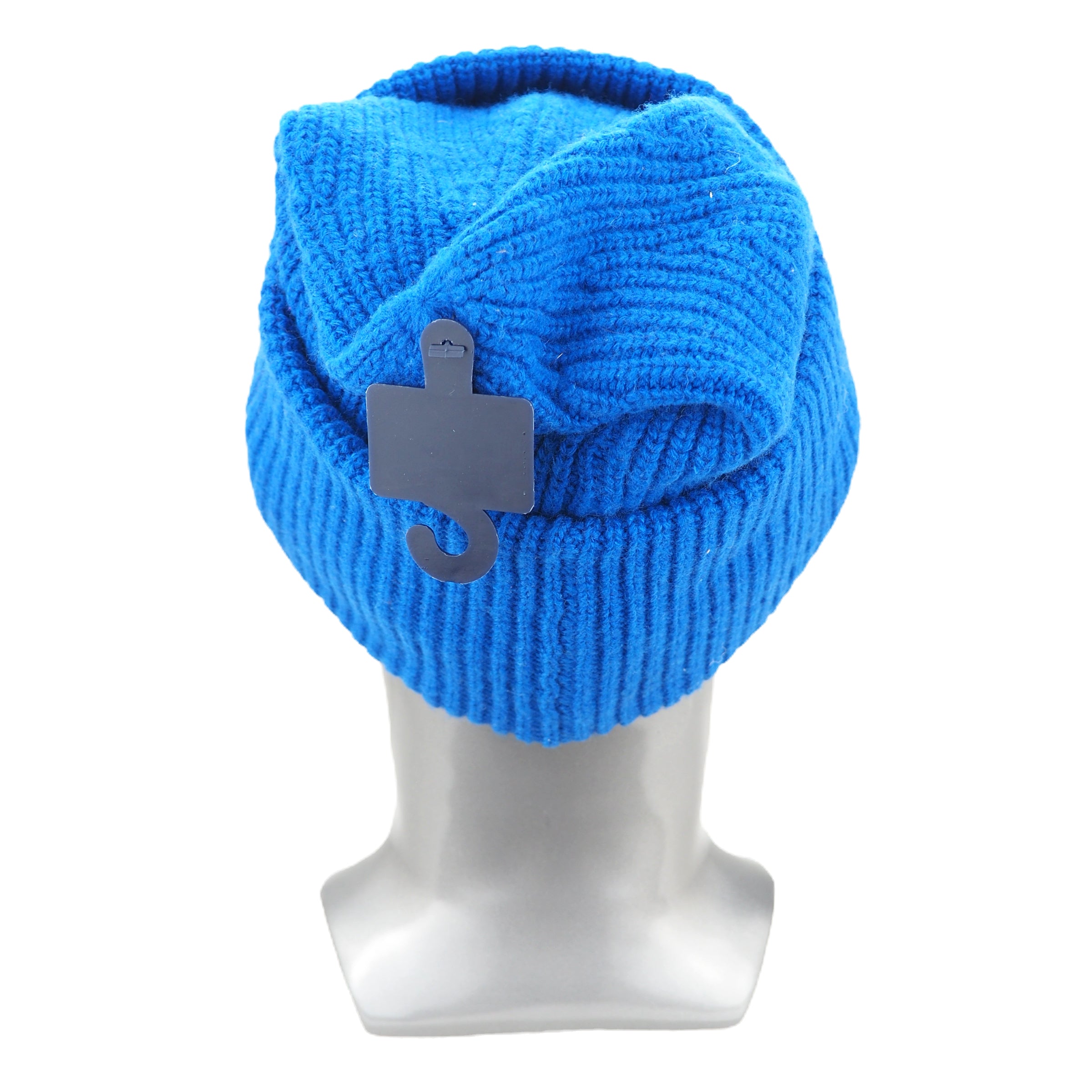 Blue knit beanie on a mannequin head with a visible brand tag against a white background