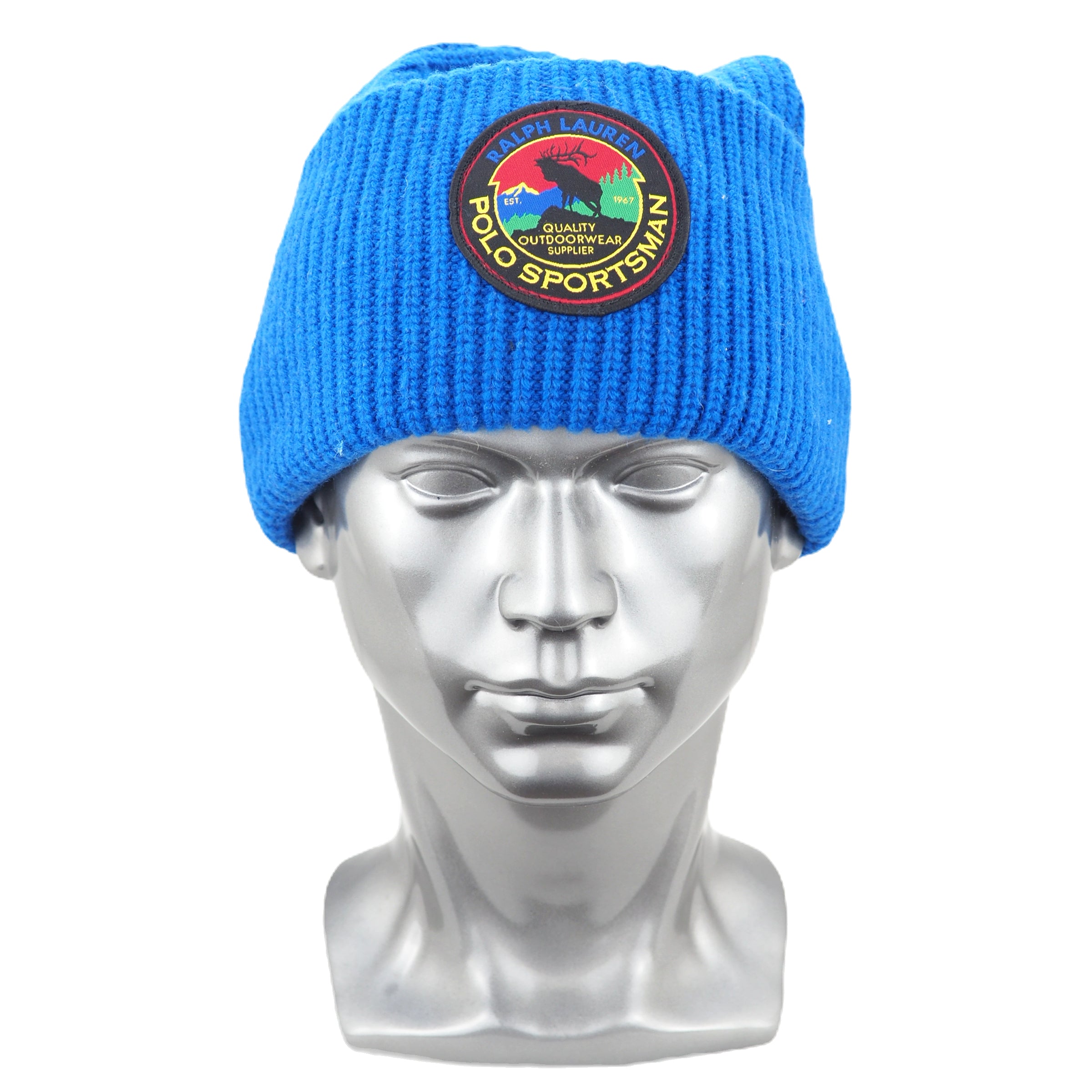 Blue beanie with a colorful patch on a silver mannequin head against a white background