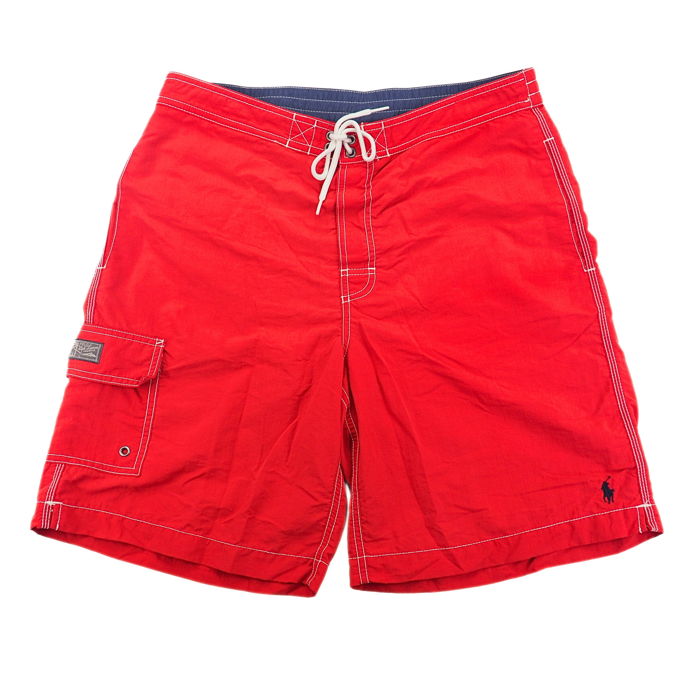 Red Ralph Lauren shorts with a polo pony brand logo on a white background