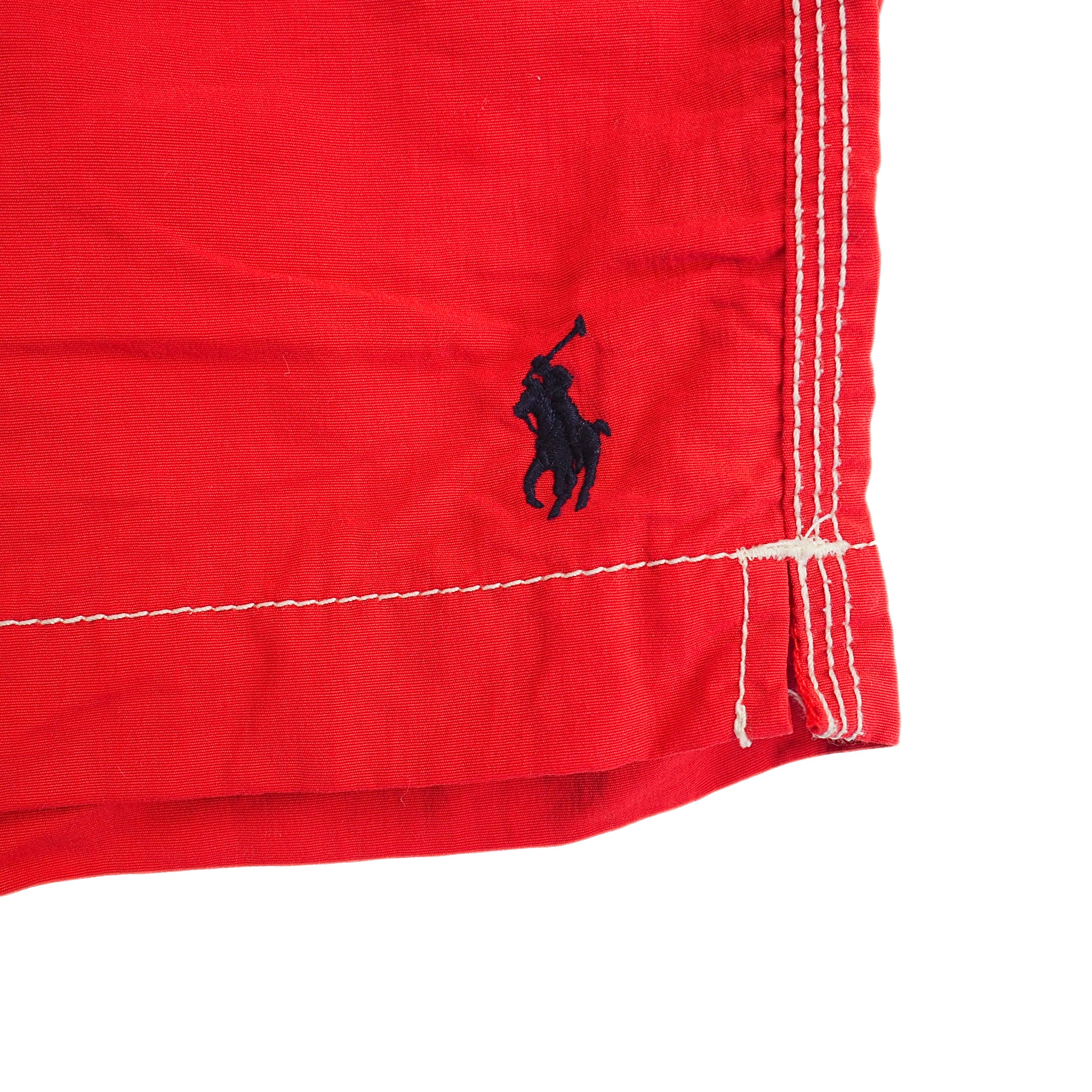 Red Ralph Lauren Polo shorts with a black pony logo on a white background