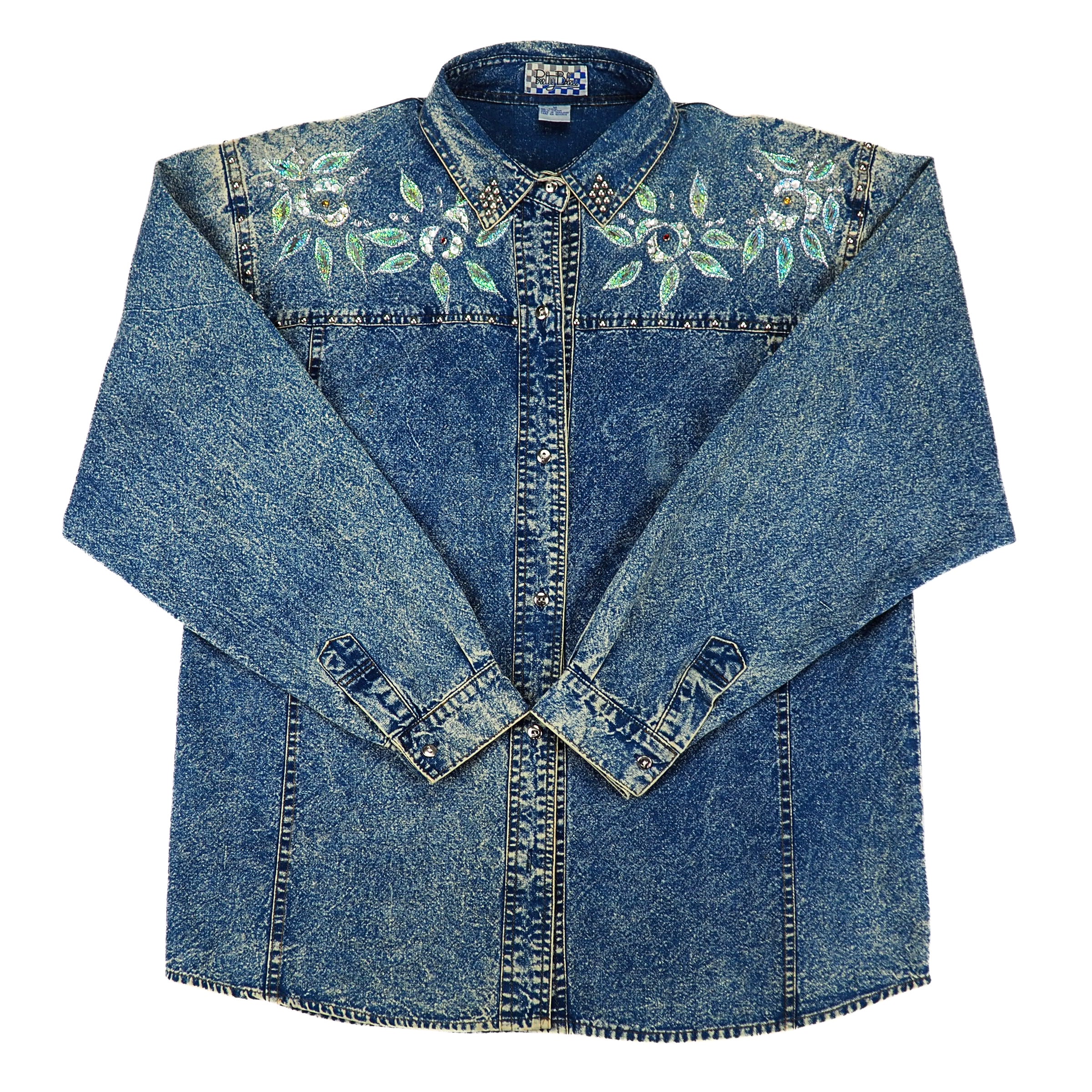 Front view Pretty Bleu 90s acid wash Blue western style denim shirt with floral embroidery and beading on a white background
