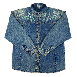 Pretty Bleu Embroidered Denim Long Sleeved Western Shirt 90s Vintage Womens Medium