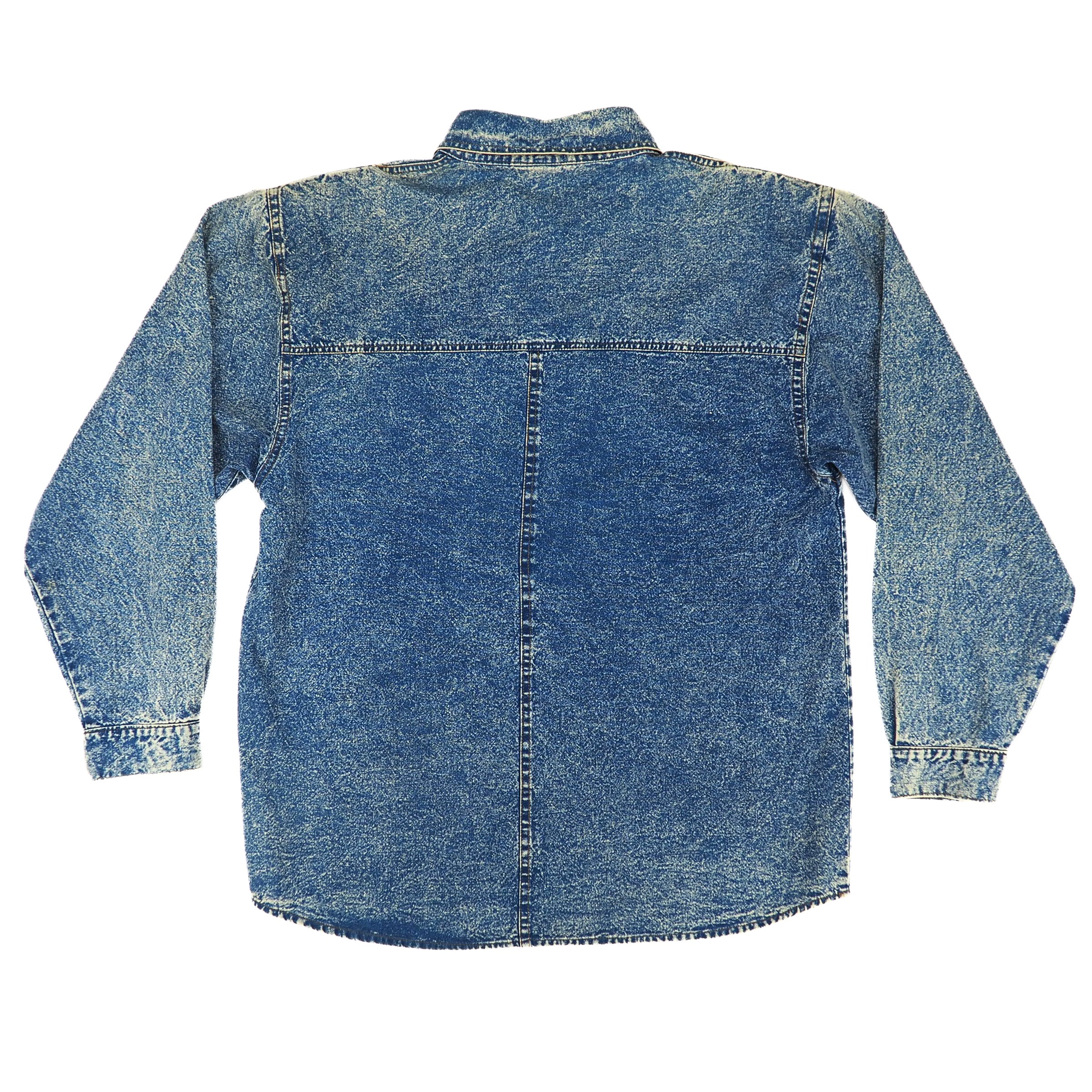 Back view of a 'Pretty Bleu' brand vintage 90s western style acid wash blue denim shirt on a white background 