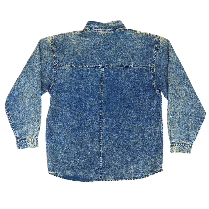 Back view of a 'Pretty Bleu' brand vintage 90s western style acid wash blue denim shirt on a white background 