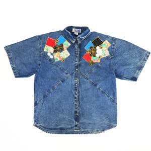 Pretty Bleu Embroidered Denim Short Sleeved Western Shirt 90s Vintage Womens Medium