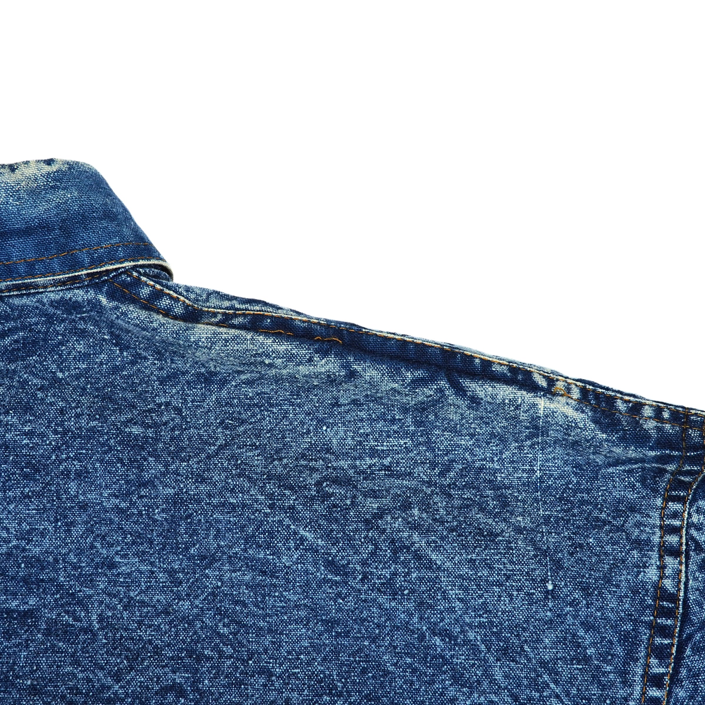 Close-up of blue denim fabric on a white background.