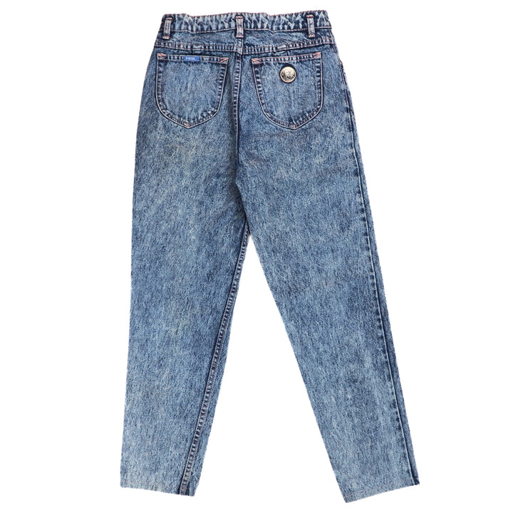 Bakc view of a pair of blue acid wash jeans on a white background