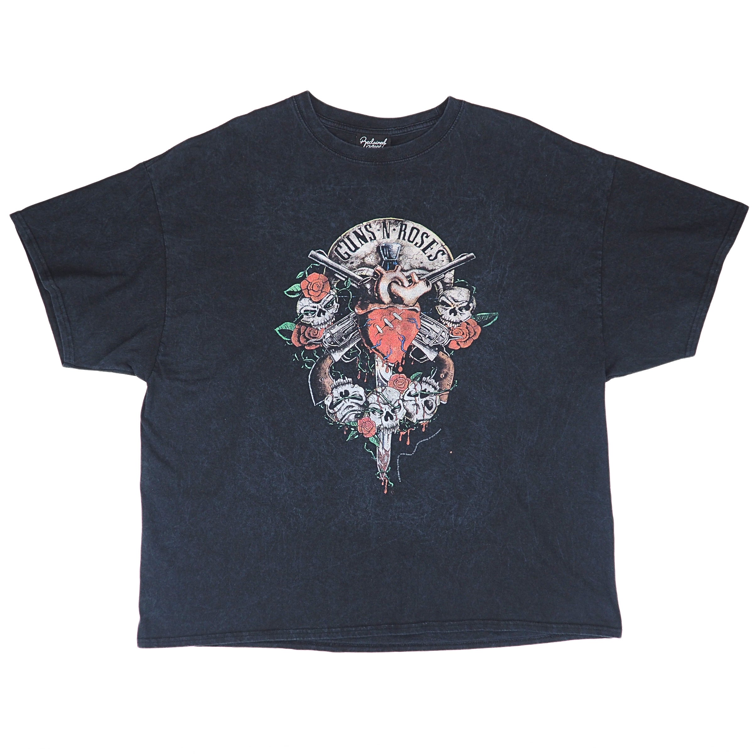 Front view of a black t-shirt with a 'Guns N Roses' graphic logo on a white background