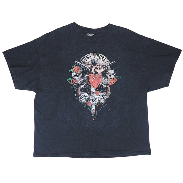 Front view of a black t-shirt with a 'Guns N Roses' graphic logo on a white background