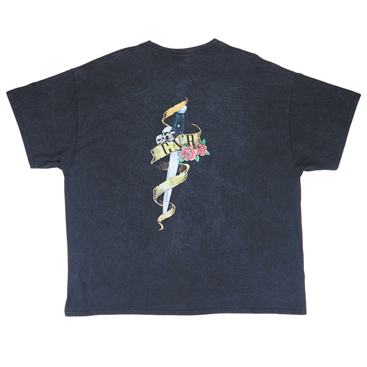 Back view of a faded black t-shirt with a 'Guns N Roses' logo on a white background