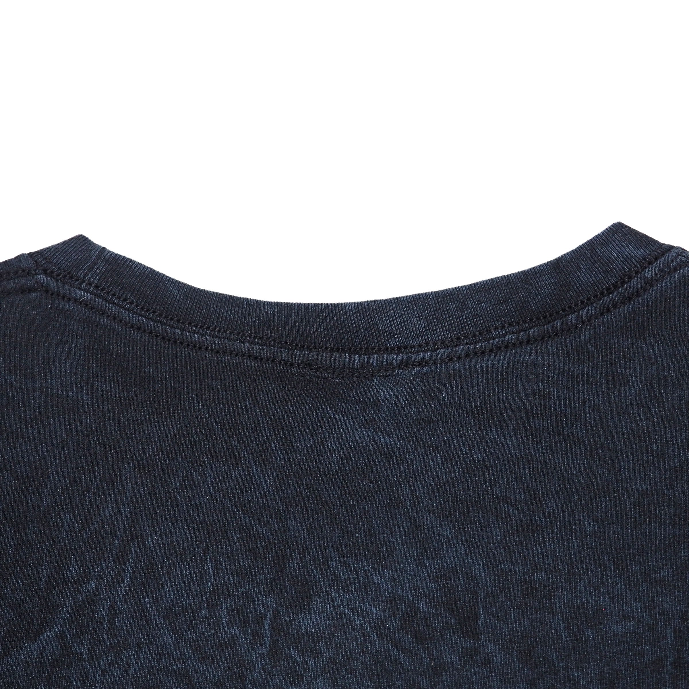 Close up of the collar of a faded black t-shirt on a white background