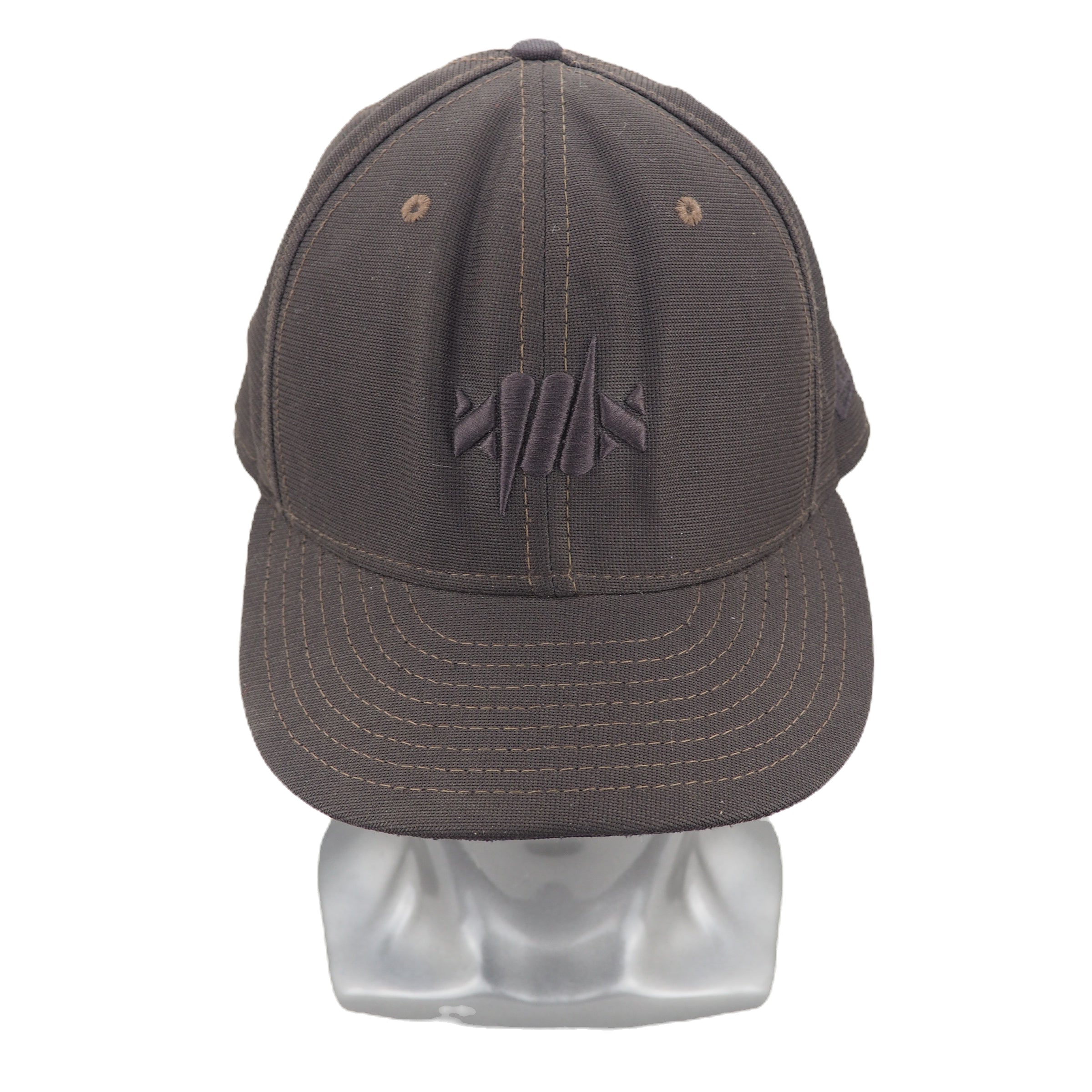 Brown baseball cap on a mannequin head with a logo on the back against a white background