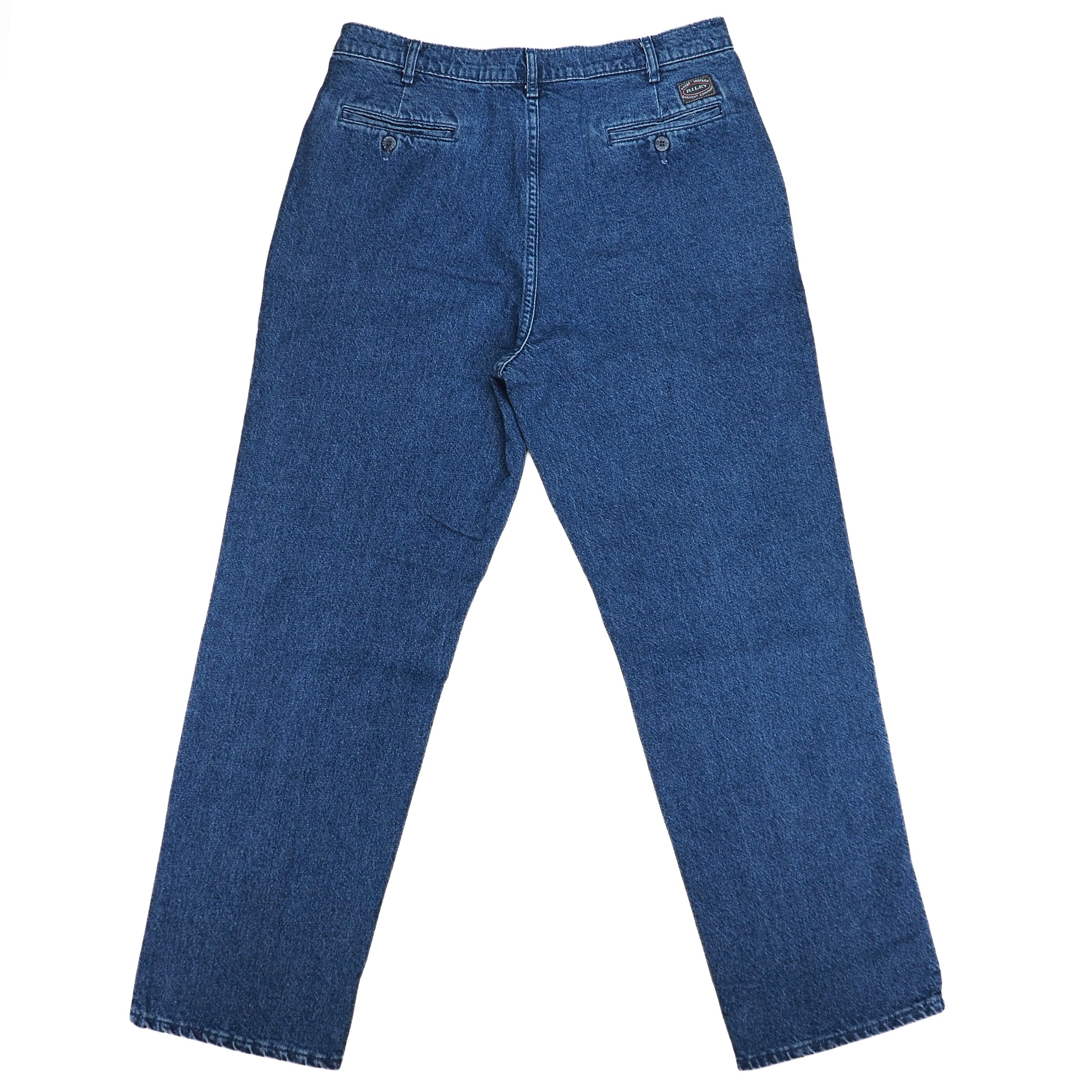 Rear view of a pair of blue denim jeans on a white background