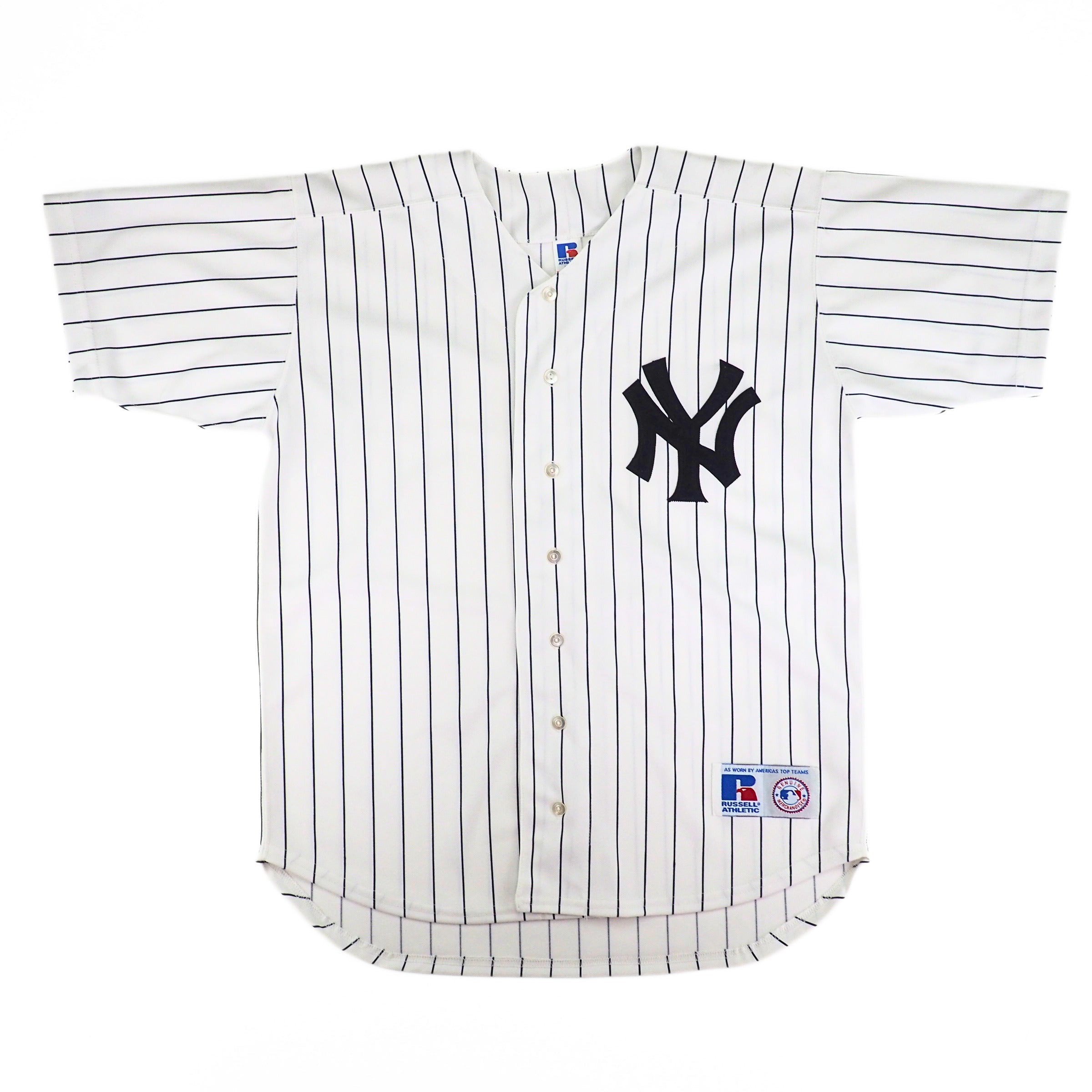 White baseball jersey with navy pinstripes and New York Yankees logo on a white background
