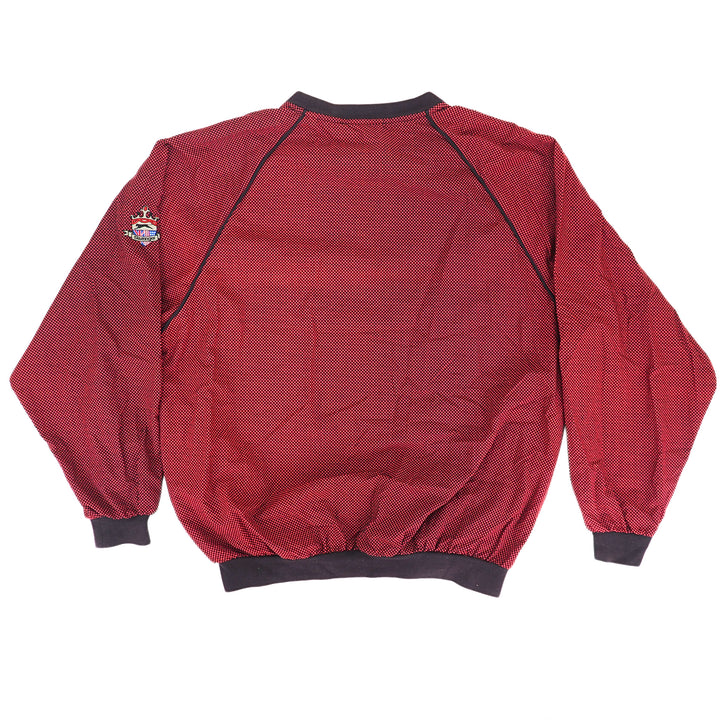 Back view of a red sweatshirt with black trim on a white background