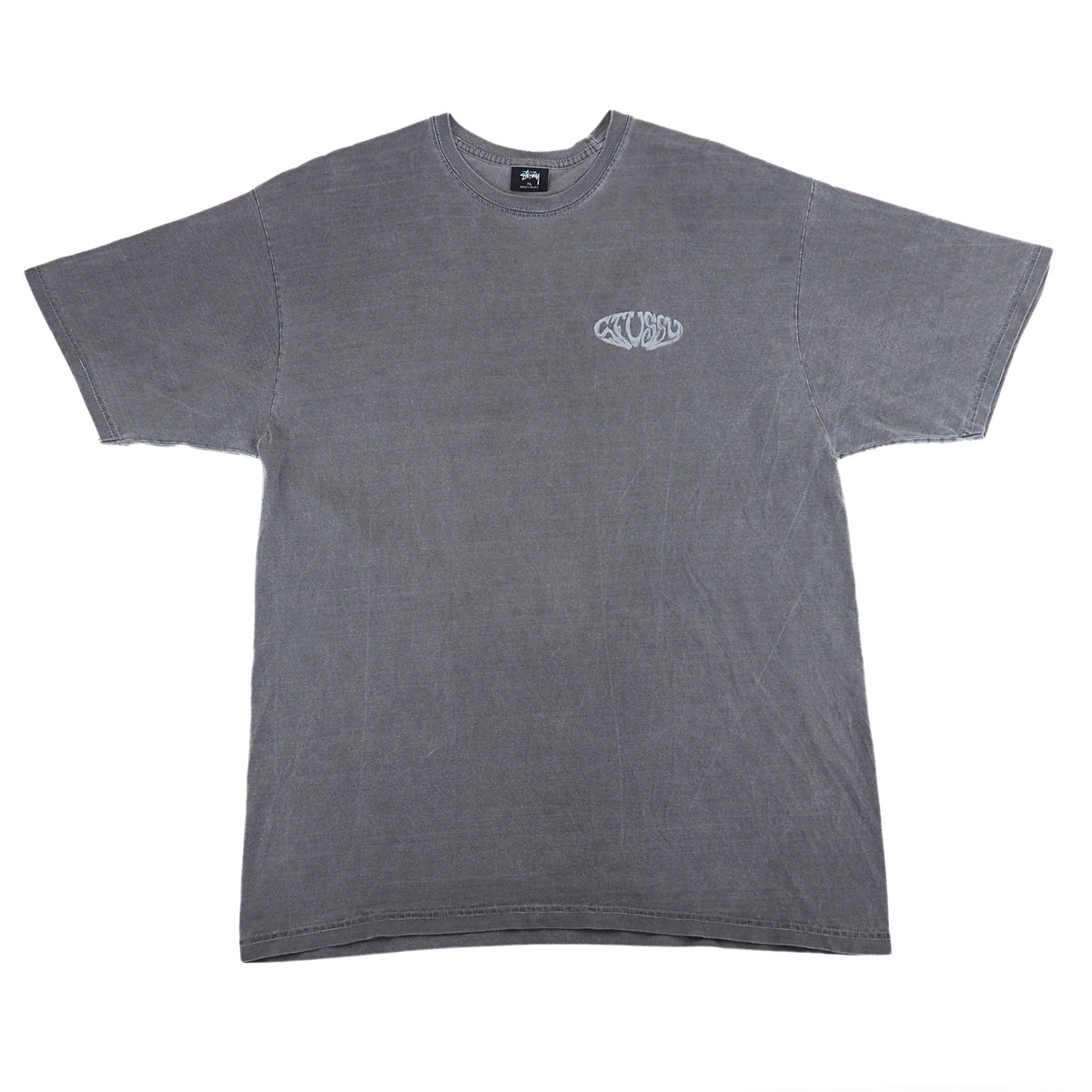 Front view of a washed grey Stussy t-shirt on a white background.