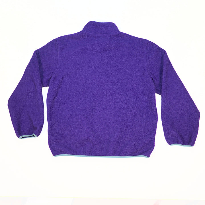A purple fleece half-zip jacket shown from the back, laid flat on a white background.