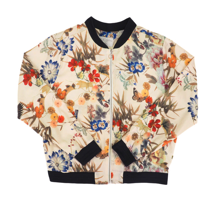 Floral patterned bomber jacket with black trim on a white background