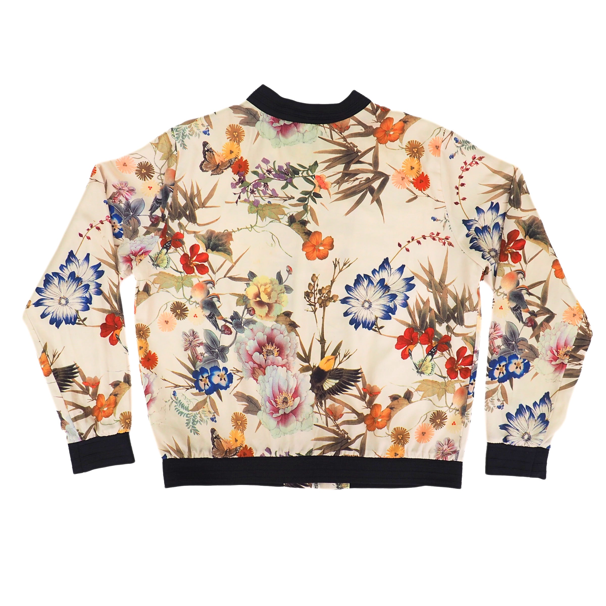 Suko Jeans Satin Bomber Jacket Floral Bird Butterfly Print Large