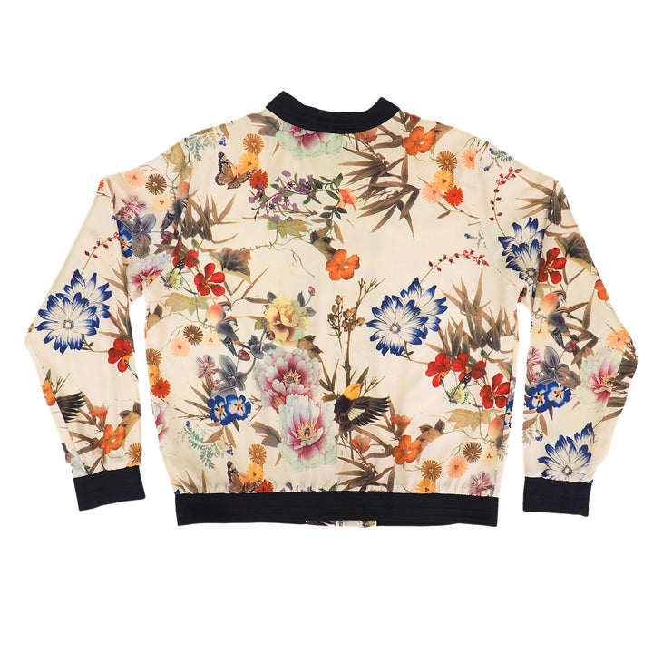 Back of a floral patterned jacket on a white background