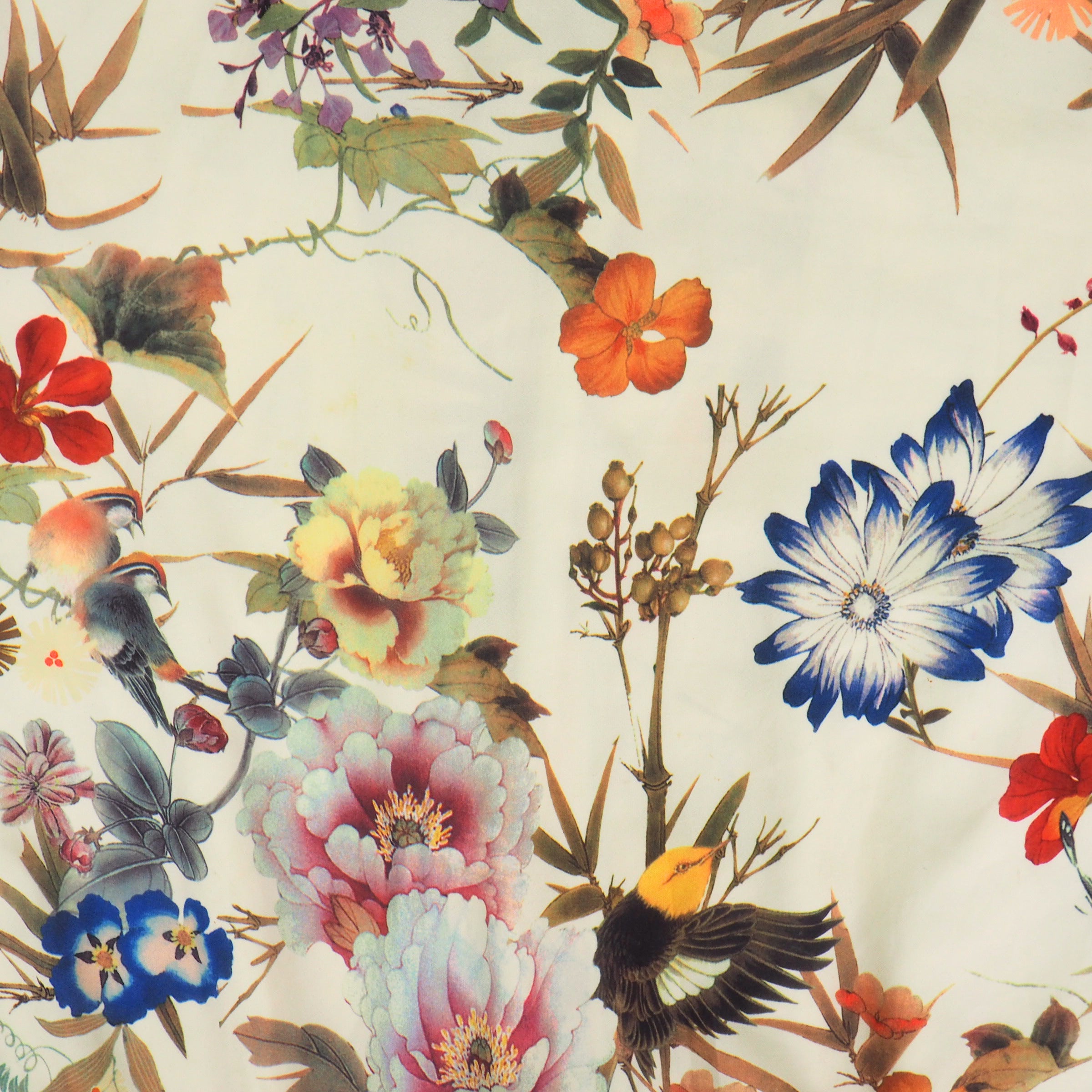 Colorful floral and bird pattern on a light background