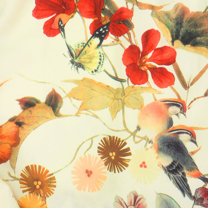 Vintage-style illustration of birds, flowers, and a butterfly on a white background